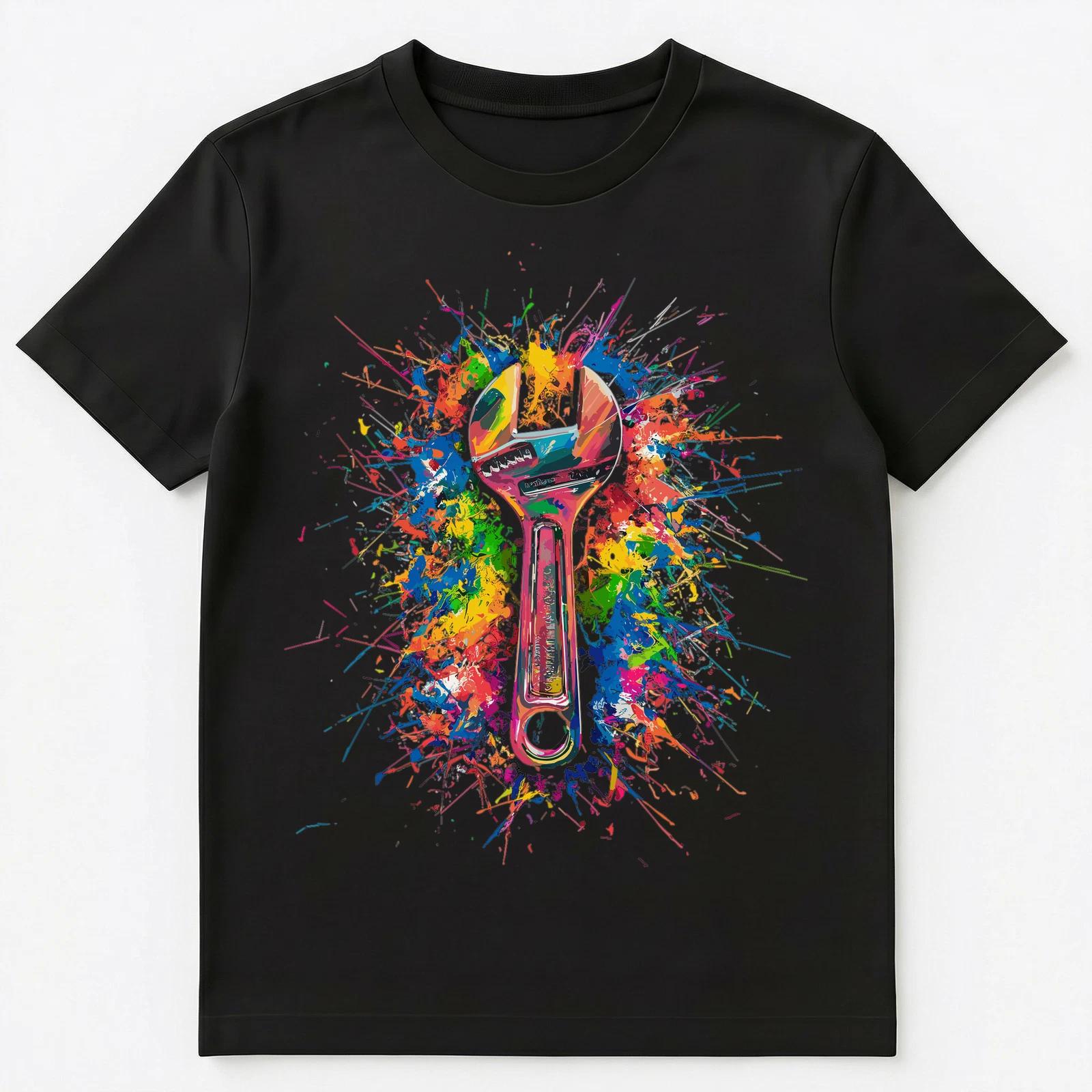 Colorful Paint Splash Wrench Art Graphic Unisex T-Shirt 3XL