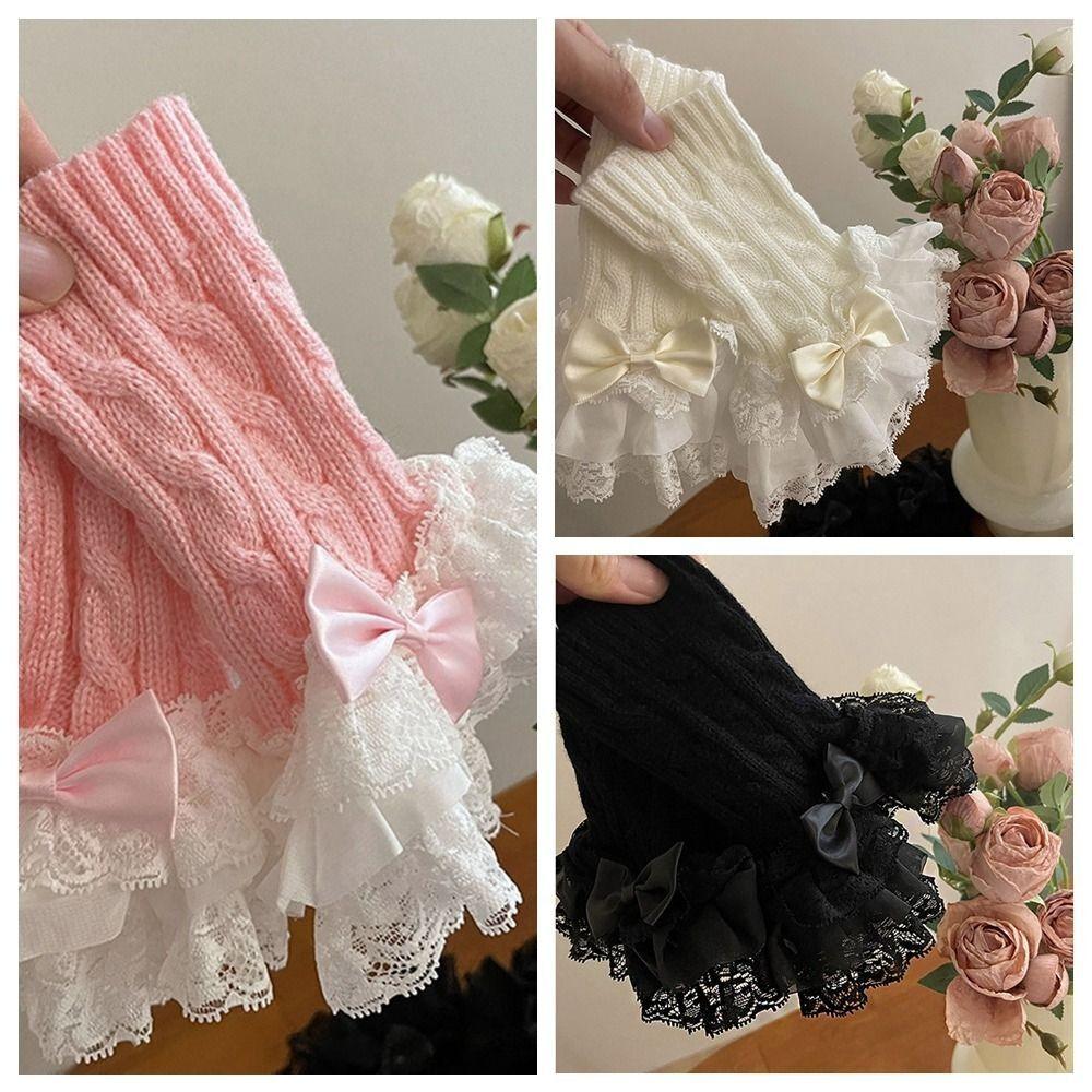 Y2k Lace Knitted Gloves Foot Warmer Lolita Hand Sleeves Fairy Bow Knot Gloves For Women/Girls