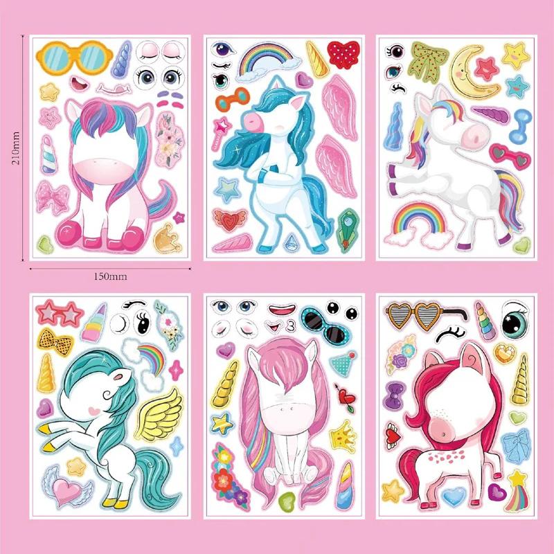 6/12Sheets Cartoon Unicorn Make A Face Assemble DIY Sticker Girls Unicorn Birthday Party Decoration Supplies Gifts for Guests