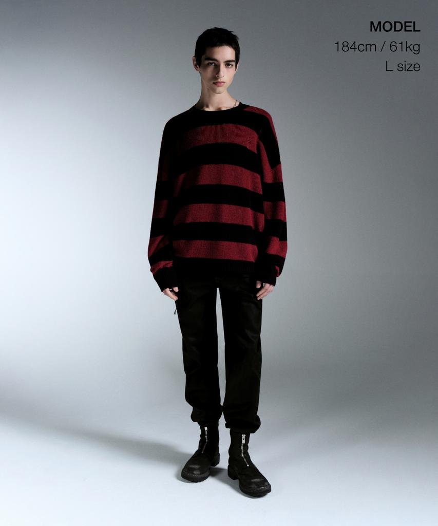 MUSINSA STANDARD 90S Grunge Stripe Crew Neck Knit [Red/Black]