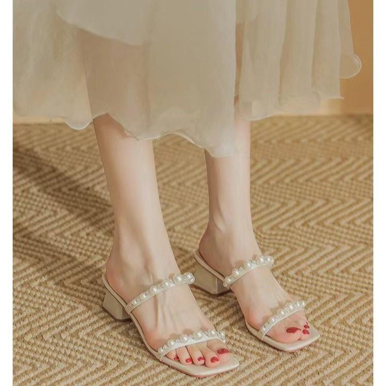 Fairy wind mid-heeled slippers female summer outer wear temperament pearl word strap sandals thick heel high heels sandals