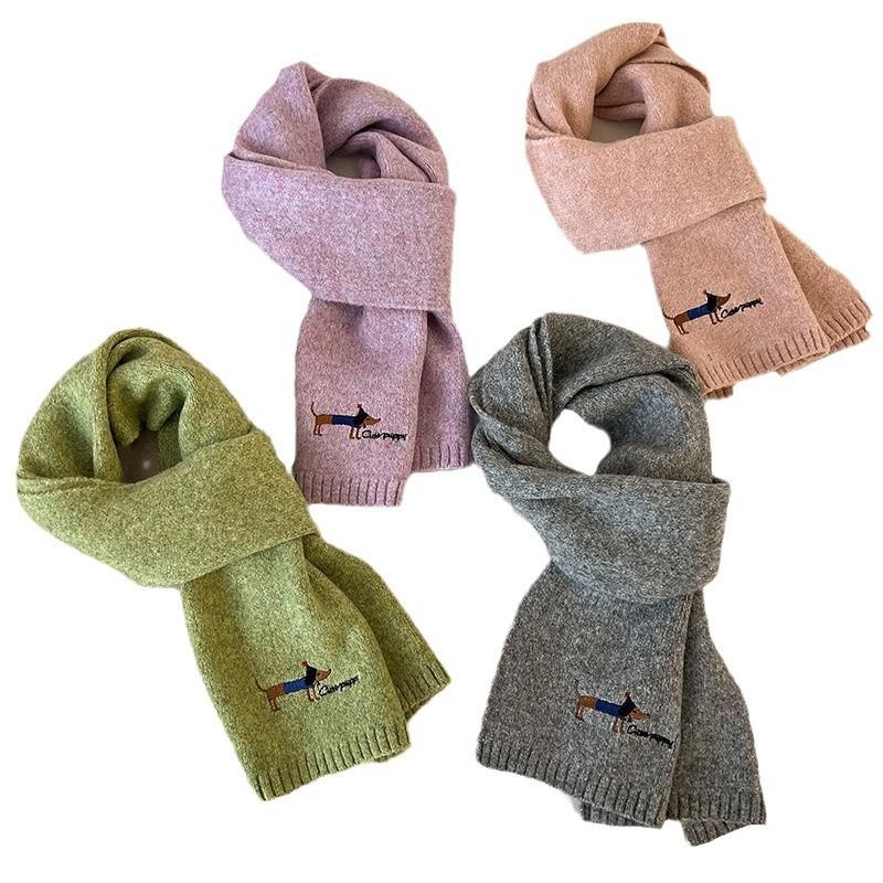 New Autumn and Winter Knitted Wool Scarf for Women Korean Version Versatile Embroidered Dachshund Woolen Neck Scarf Thickened Warm Scarf