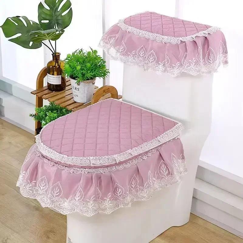 

Кружевной вышитый хлопково-льняной коврик для сиденья унитаза, плюшевая оборка, подушка для сиденья унитаза, сезонный универсальный пылезащитный чехол для унитаза