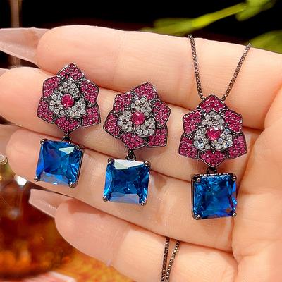 Autumn And Winter Jewelry Copper Bottom Gold-Plated Simulation Blue Spinel Black Gold Retro Camellia Set 10 * 10