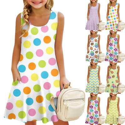 Ärmelloses Kinder-Sommerkleid mit U-Ausschnitt, A-Linie, Osterdruck, lässiges Resort-Kleid