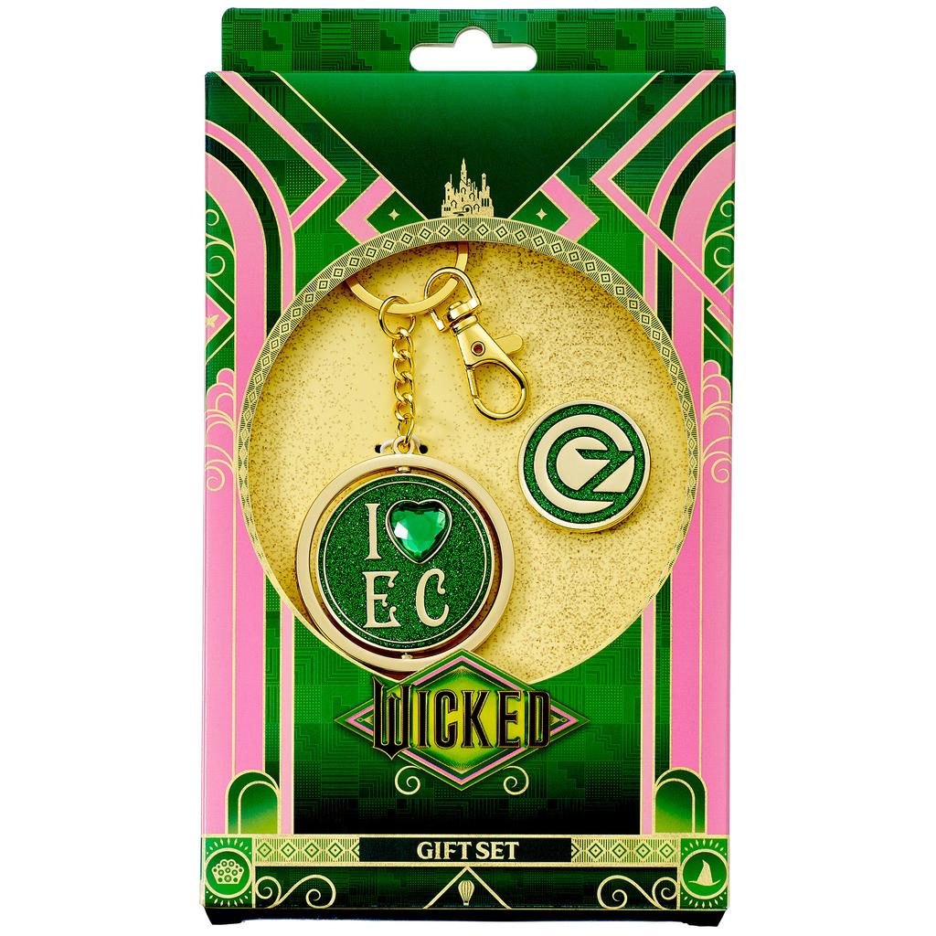 Wicked I love Emerald City Keyring & Oz Logo Pin badge Gift Set