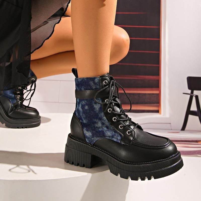 Spliced Block Heel Booties Winter New Round Toe Lace-up Platform Non-Slip Wear-Resistant Kitten Heels
