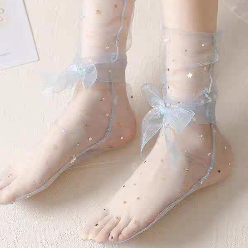 5Pairs Star Moon Tulle Shiny Socks Mid-calf Mesh Tube Socks Women Soft Transparent Bow Socks  Girl