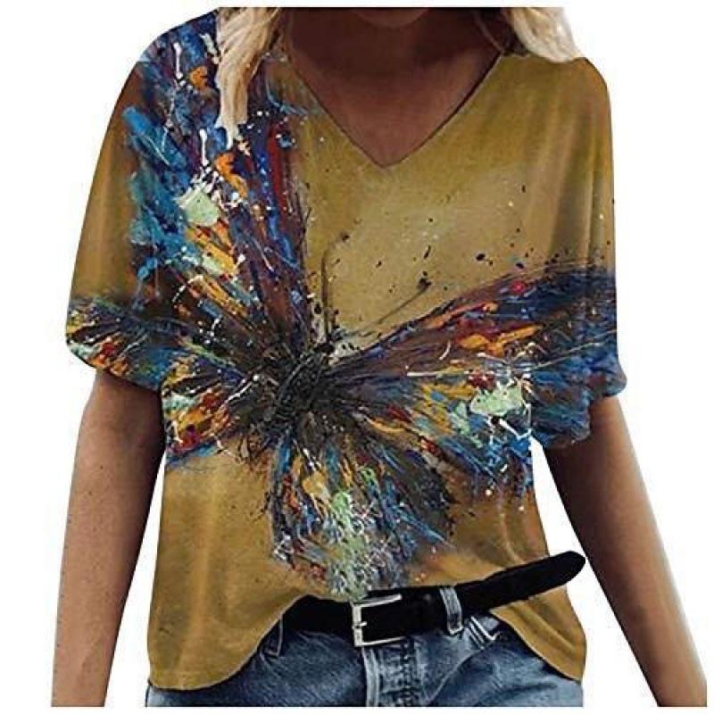 Summer V-neck 3D Flower Butterfly Printed Top Fashionable Casual Short Sleeved Women's T-shirts