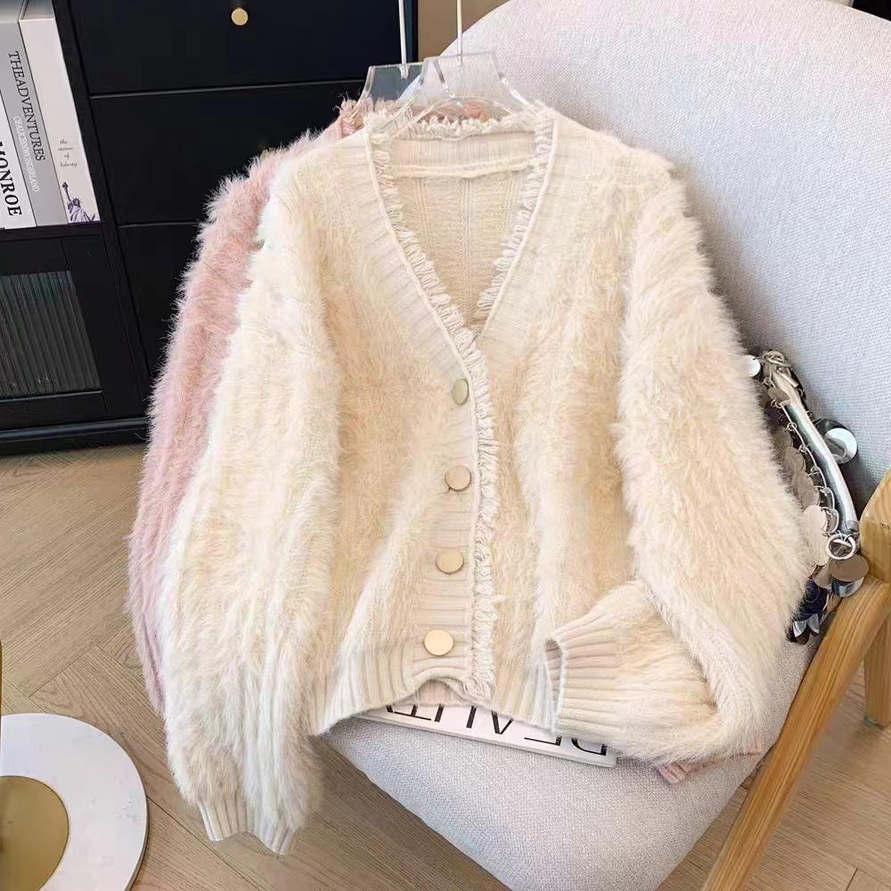 Small fresh fringed v-neck sweater jacket women's autumn and winter thickened warm soft ufu imitation mink knitted cardigan top