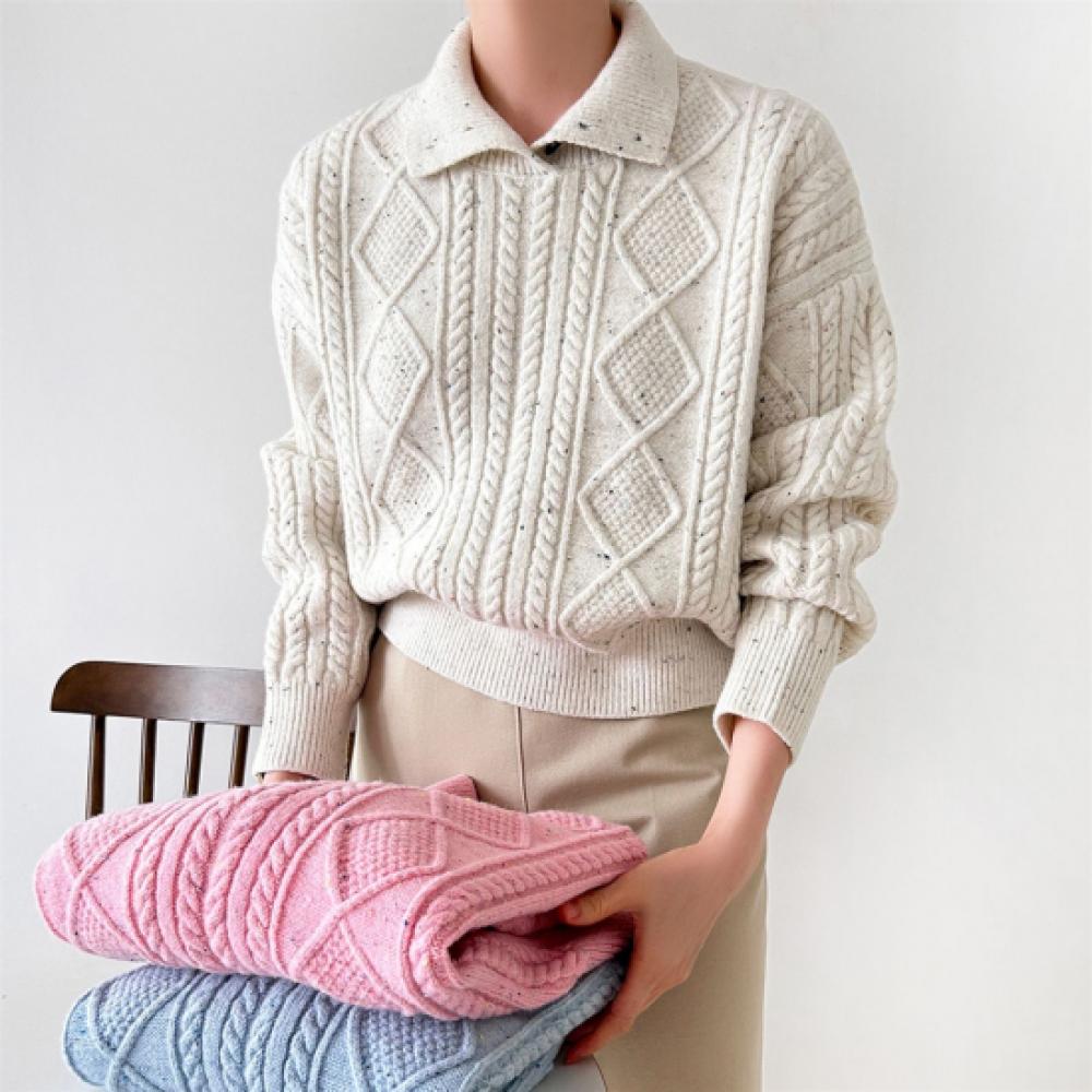 New Arrivals Open Run Women Cable Design Two Way Collar Knit Autumn Boucle
