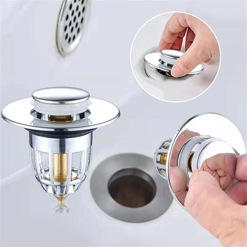 With Hair Catcher Bathroom Sink Drain Stopper Easy Push Type Universal Rebound Drain Plug Filter Basin Pop Up Chrome Sink Filter