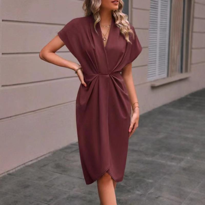 JPNTKY Women's Fashion Summer Spring Solid Color Print V-Neck Short Sleeve Casual Dresses