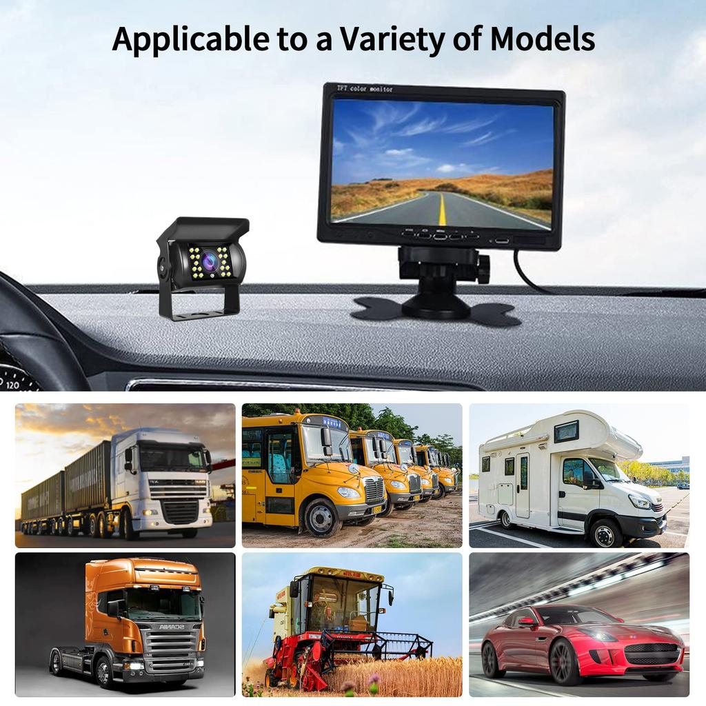Hodozzy Backup Camera Kit with LCD Monitor and 2 Rearview IP68 18 IR Night and Cable for Parking or Caravan 7-inch Cameras, Waterproof, Vision, 4-Pin