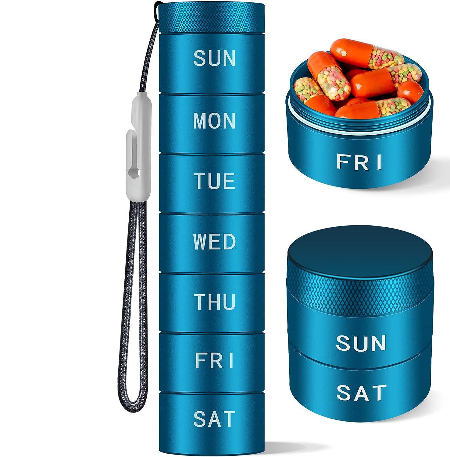 

Weekly 7 Day Pill Organizer Portable Sealed Aluminum Alloy Pill Box Waterproof Container For Daily Medication Storage синій