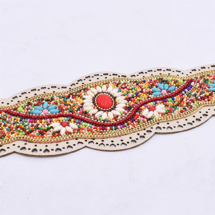 Ethnic Beaded Waist Cincher Stretch Waistband Bohemian Belt Body Girdle Feature Floral Accent for Women's Clothing