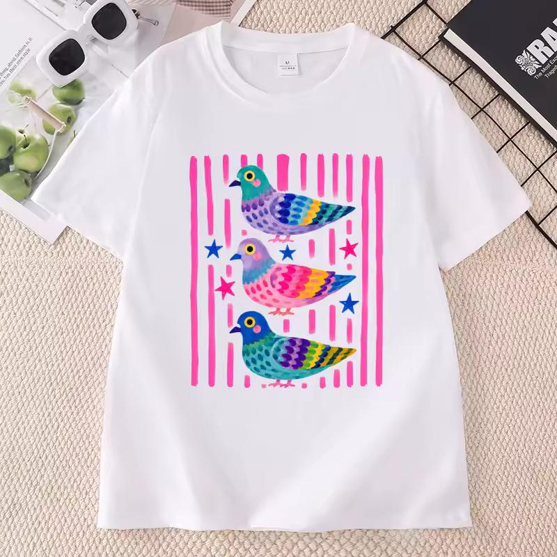 Cute Pigeon Bird Graphic Tee Funny Pigeon Lover T-shirts Casual Round Neck Printed T-shirt Cotton Short Sleeve Tshirts Woman