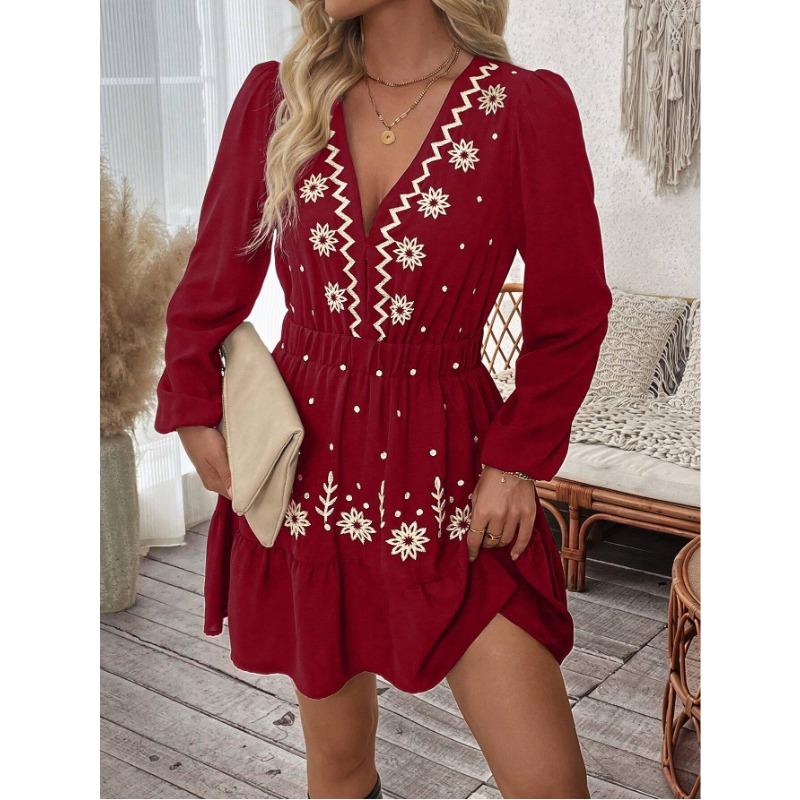 Women Embroidered Long Sleeve Mini Dress V Neck Elastic Waist Boho Style