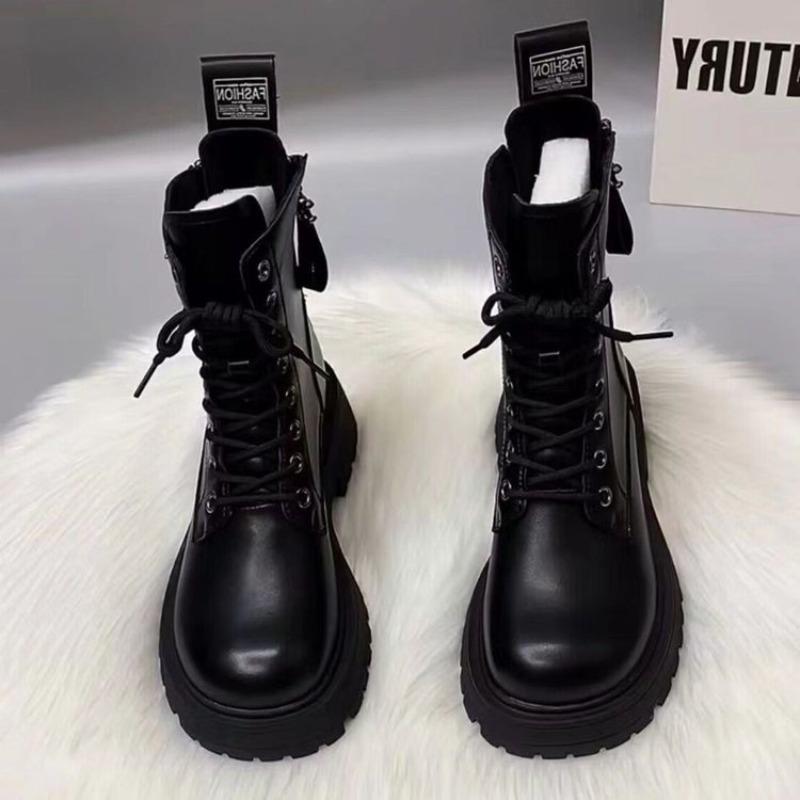 Black high-top Martin boots for women's autumn and winter new rear zipper thick-soled high-matching thickened short boots