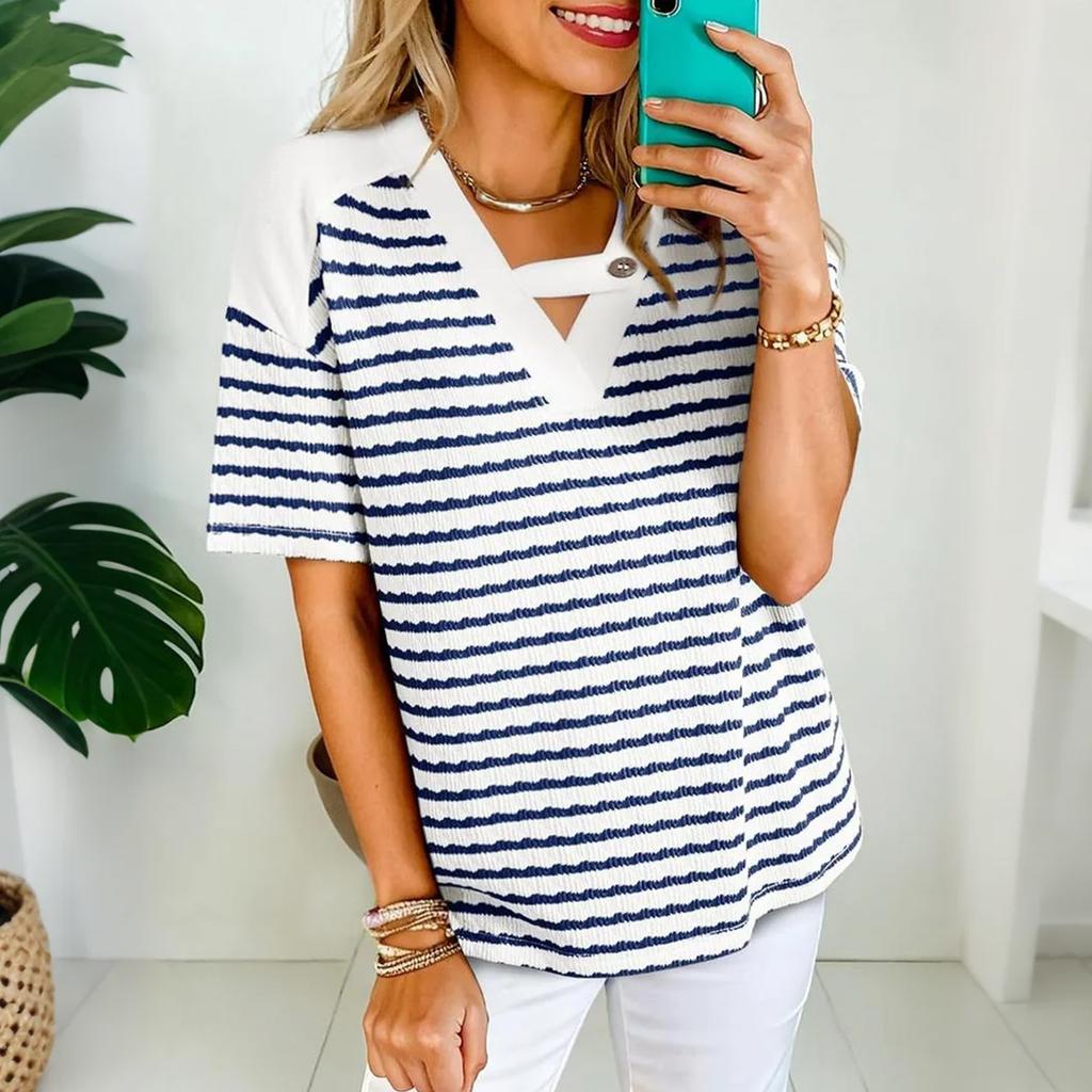 Women's Casual Short-sleeved V-neck Striped Color-blocked T-shirt/shirt
