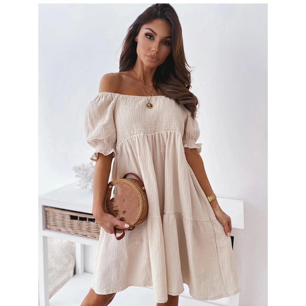 

Сексуальное летнее платье с вырезом-лодочкой, модное повседневное свободное белое черное пляжное мини-платье для женщин, элегантное женское платье с коротким рукавом XXL