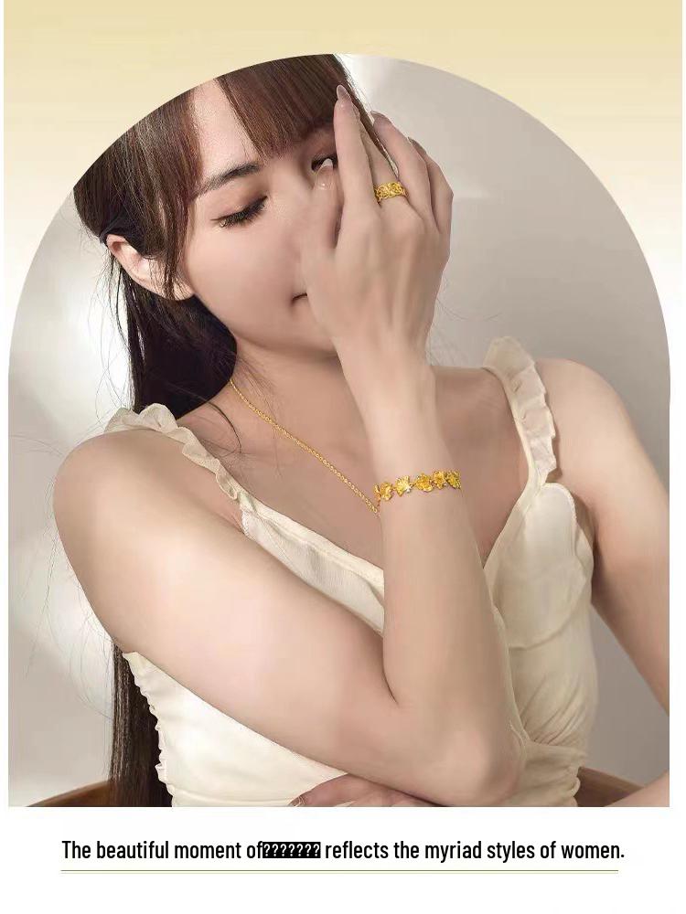 Ginkgo Leaf Diamond Bracelet In Vietnamese Sand Gold - Apricot Beaded Gift for Her Birthday