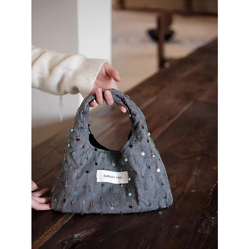 

Vintage peacock blue sequined small hobo bucket canvas walking bag niche hand bag cute girlfriend girl gift