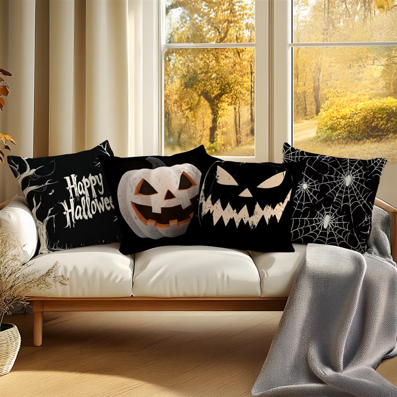 Home Decor Halloween Themed Pumpkin & Spider Web Pillows Pattern Cushion Cover Suitable For Sofa Bedroom Car Pillow Cover