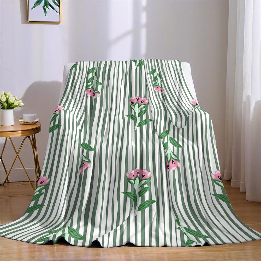 Mint Stripe Pink Bloom Flannel Blanket Warm Soft Halloween Christmas Couch Warm Cozy Decorative Decor Gift for All Season