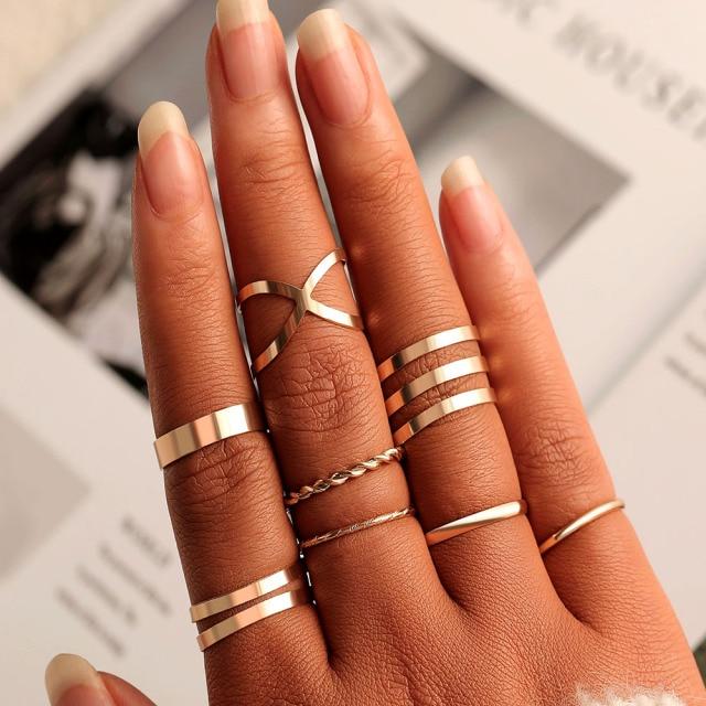 Sada prstenů s českým zlatým řetízkem pro ženy Fashion Boho Coin Snake Moon Rings Dárkové šperky Party Trend