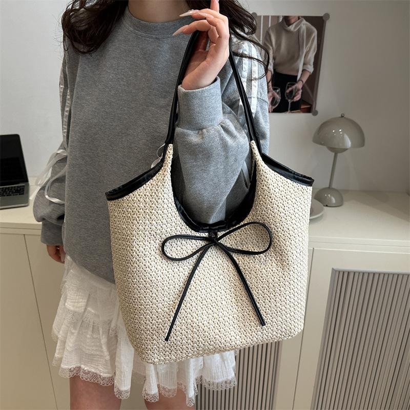 2025 Bow Underarm Bag Women's Fashion Casual Large Capacity Handbag Niche Straw Contrast Shoulder Bag