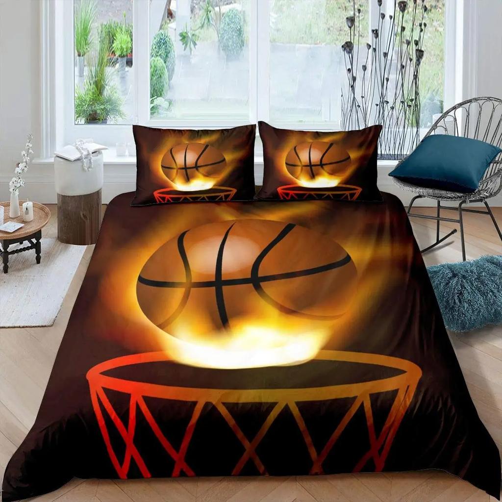 Basketball Duvet Cover Set Black 3D Ball Sports Theme Bedding Set Microfiber Basketball Court Competitive Games King Quilt Cover