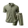Men's Striped Jacquard Loose Short Sleeve Summer Linen Cotton Suit Shirt & Beach Shorts Two-piece Set
