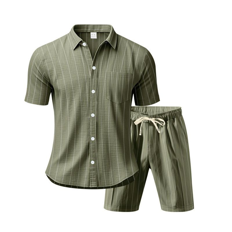 Men's Striped Jacquard Loose Short Sleeve Summer Linen Cotton Suit Shirt & Beach Shorts Two-piece Set