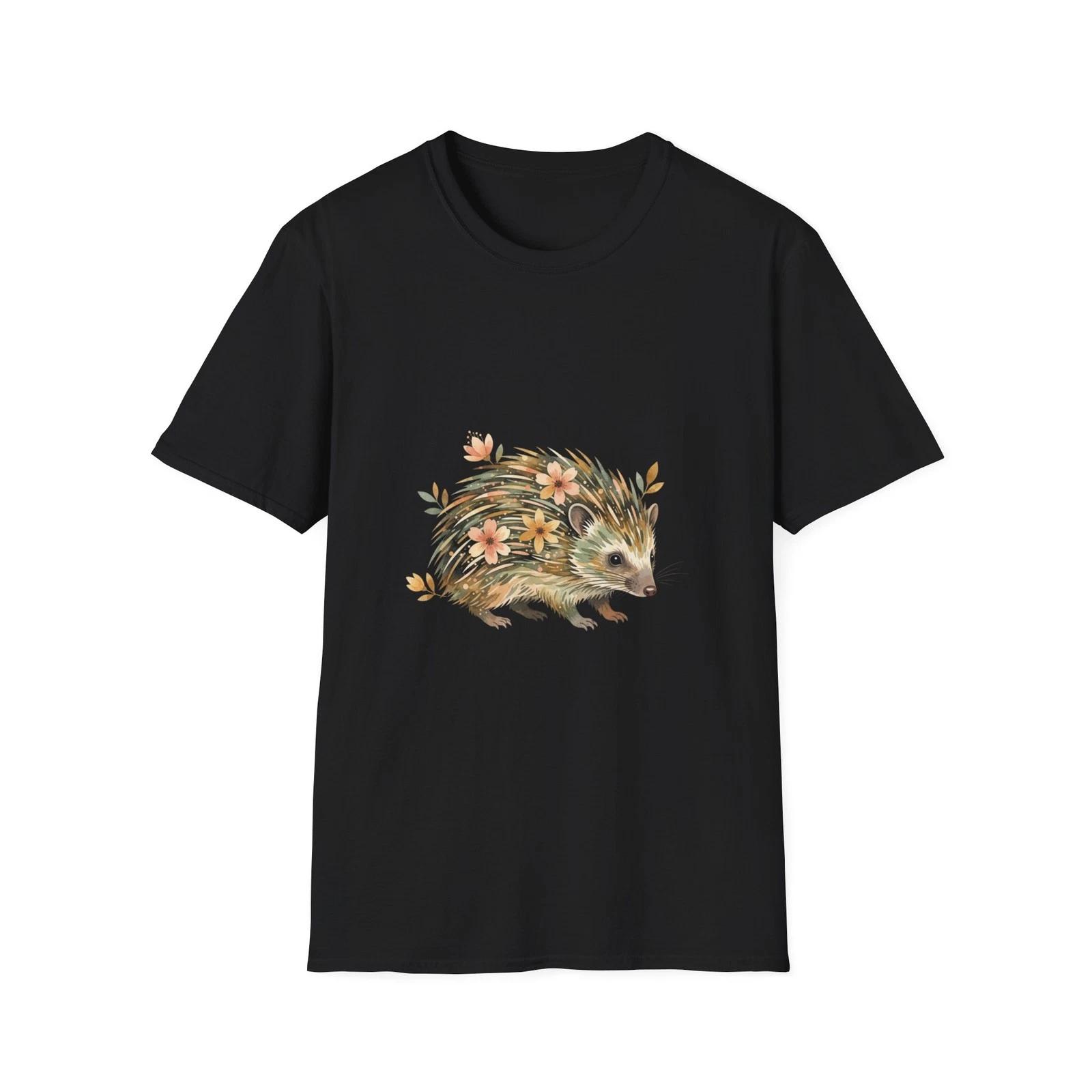 

Hedgehog Floral Watercolor Boho Black Tee Nature Aesthetic T-Shirt 3XL