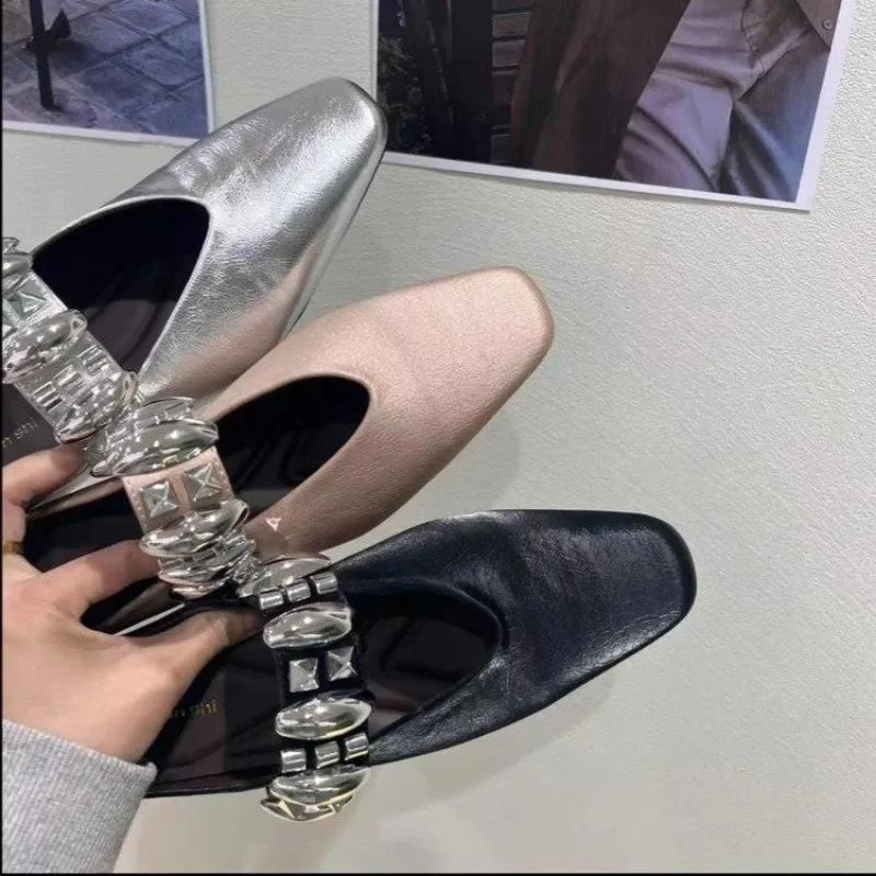 Women Slippers 2025 New Flat Mules Shoes Square Toe Crystal Sandals Summer Elegant Slippers Woman Casual Baotou Slides Women
