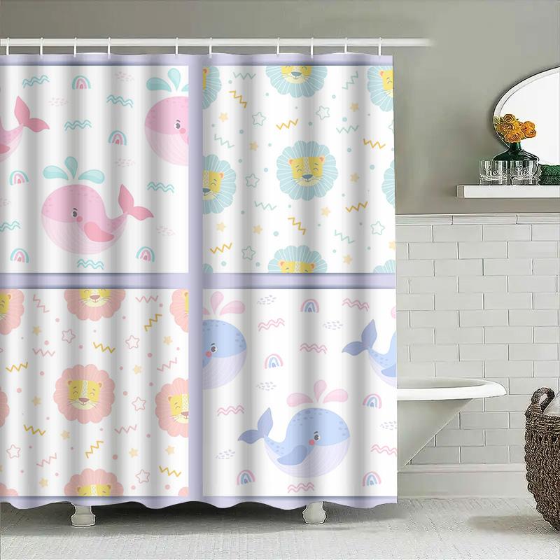 

Whale Rabbit Lion Shower Curtain Set Cute Kids Bathroom Decor, Pink Blue White Floral Patterned Watercolor Art Print Fabric Show 90x180cm