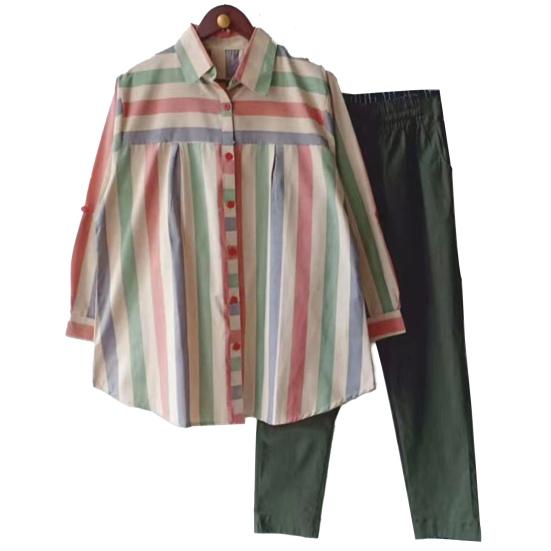 2Pcs/Set Lapel Long Sleeve Single Breasted Mid-rise Pockets Casual Outfit Striped Print Shirt Solid Color Pants Set