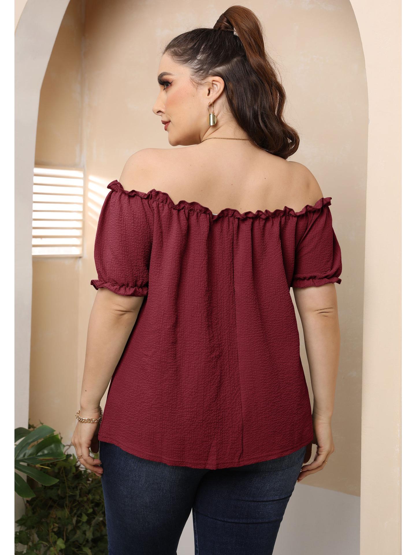 

Нові футболки великих розмірів Жіночі однотонні футболки з короткими рукавами без бретельок Жіноча повсякденна літня футболка зі зморшками Жіночі в’язані сексуальні топи Фабричний продаж 4XL вина червоного кольору