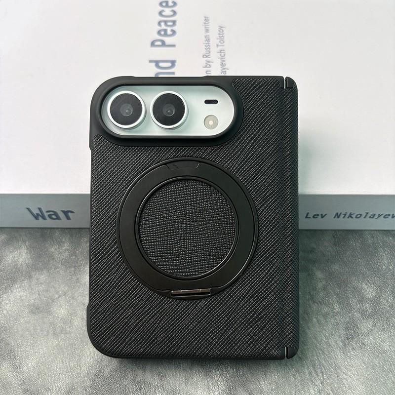 IPhone 18 Duo Foldable Phone Case With 360 Rotating Stand Magnetic Mid-Hinge Full-Body Leather Cover Anti-Drop Protection