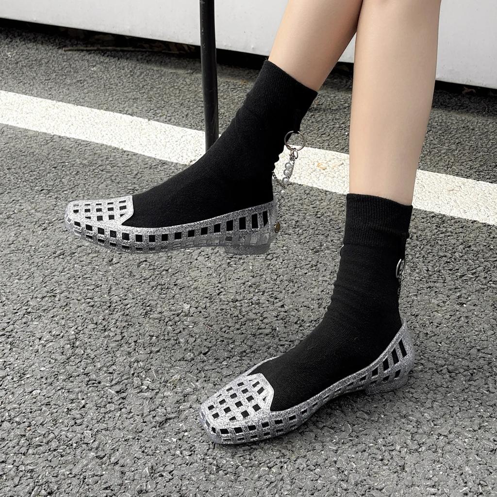 Women's Flat Bot Sandals Summer New Sle Transparent Crystal Jelly oes Hollow out Design Casual Leisure Footwear