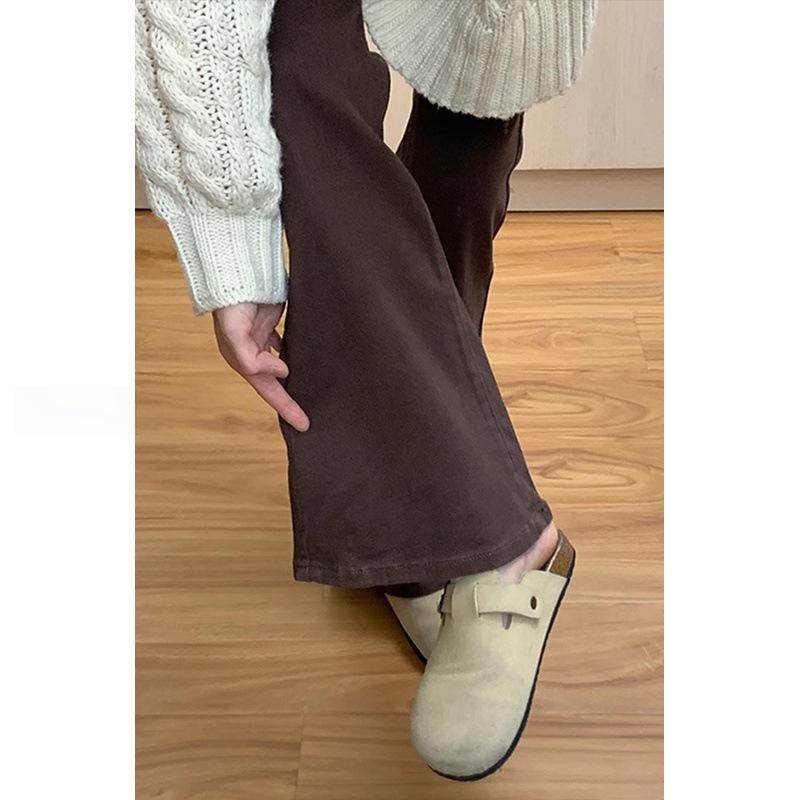 

Women s Coffee-Colored Plush Micro-Flare Jeans - Plus Size, Elastic Slimming, Autumn/Winter S