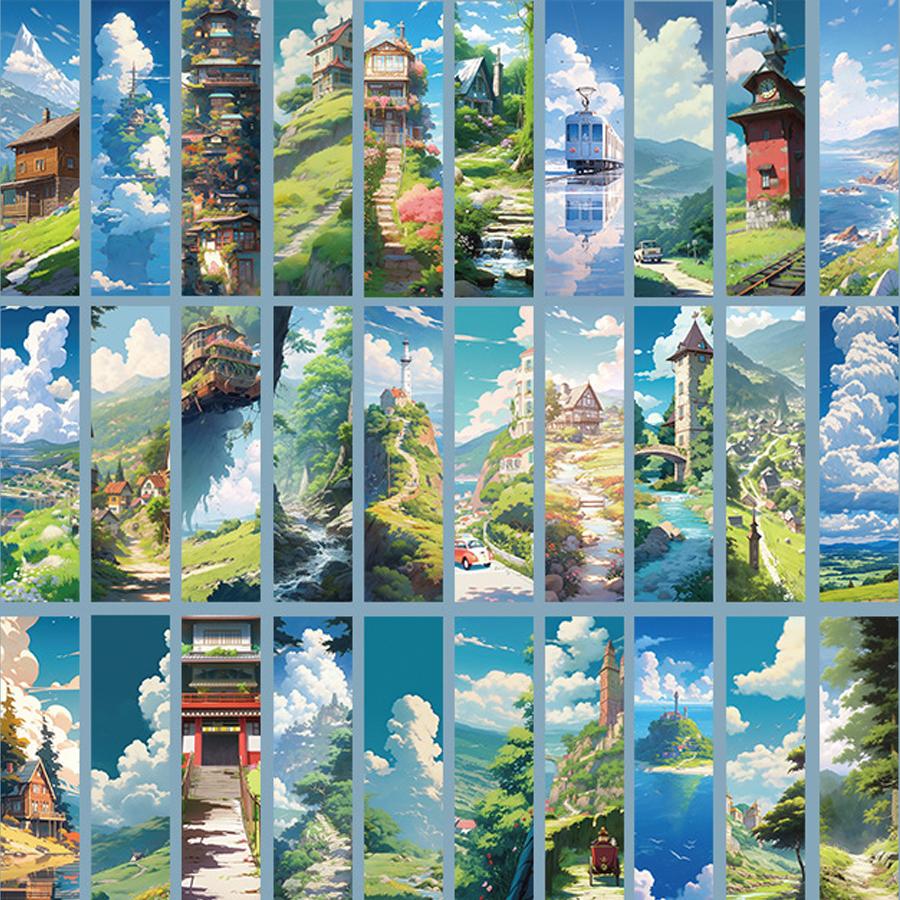 

30pc/60pc Manga style bookmark, romantic scenery, high aesthetic value, DIY decoration, student reading record bookmark