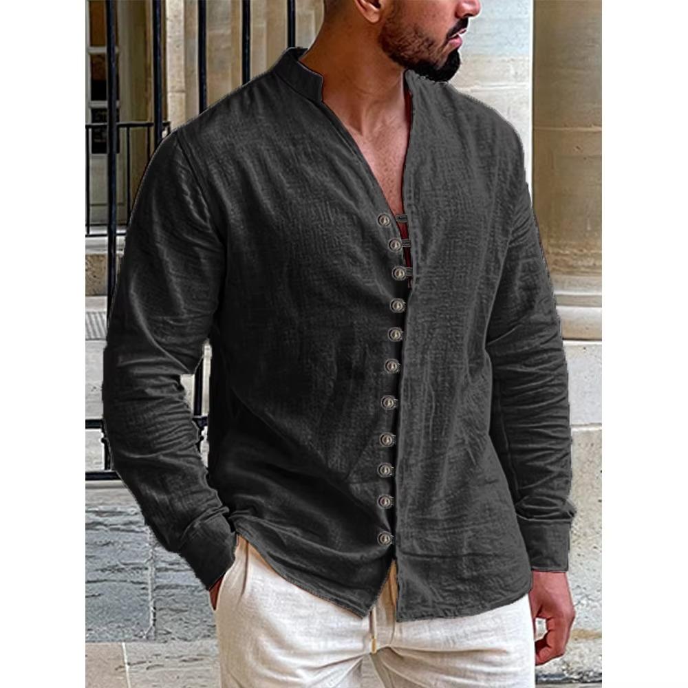Men's Multi-buttons Shirts Cotton Linen Hawaiian Beach Shirt Long Sleeves Stand Collar Lightweight Breathable Men's Shirt