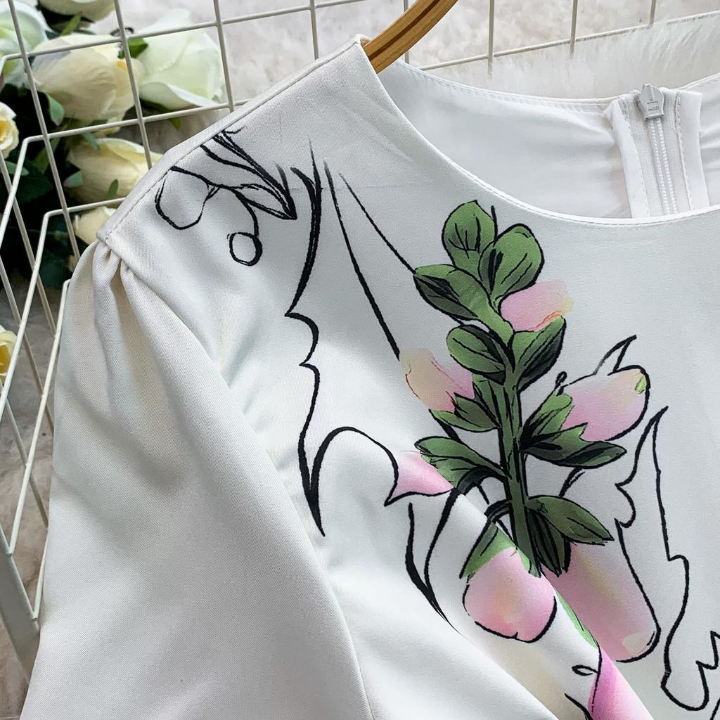 2026 New Summer Women Floral Print Short Sleeve Midi Long Elegant Gorgeous Bridesmaid Cocktail Party Dress with Round Neck