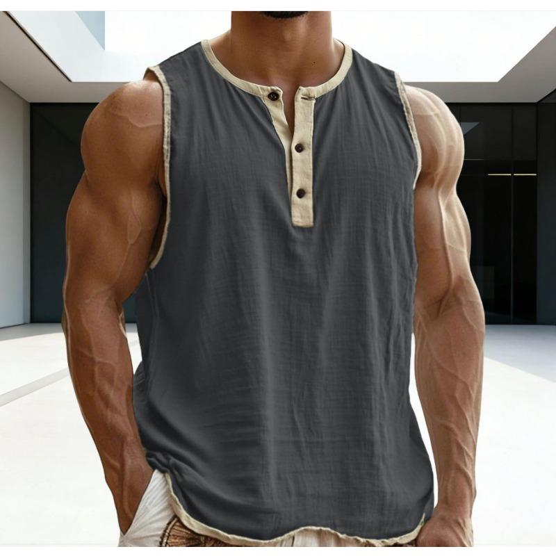 Heren Mouwloos Henley Vest met Contrasterende Rand Katoen Linnen Los Casual Tanktop