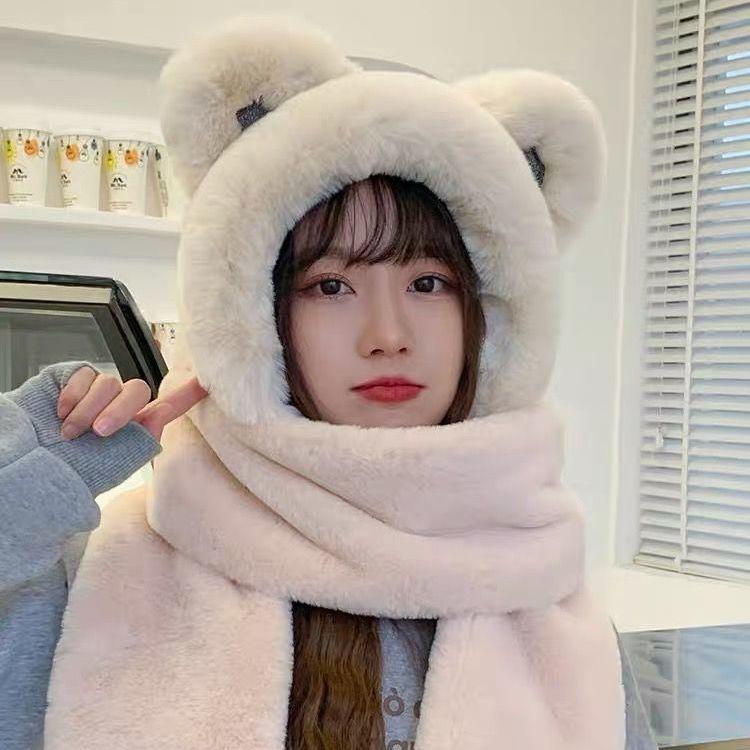 Bear hat cute female versatile autumn and winter scarf integrated warm gloves scarf three-piece trendy