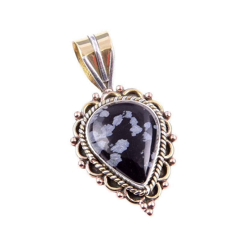 Natural Snowflake Obsidian Gemstone 925 Solid Silver Two Tone Pendant 1.5" i6H63