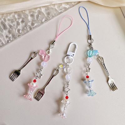 1 süßer Cartoon-Eiscreme-Kurz-Handyanhänger Kawaii Koreanische Mode Gabel Hübscher Stern-Handyanhänger Mini-Handykabel