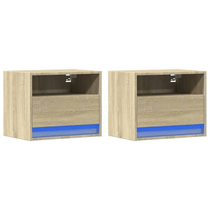 VidaXL Wall-mounted Bedside Tables with LED Lights 2 Pcs Sonoma Oak, Floating Bedside Table, Phone Holder, Table 852066